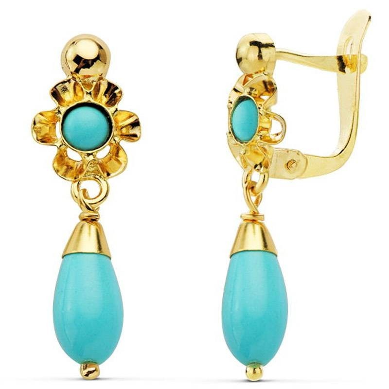 Pendientes Niña de Oro 18K Lagrima Turquesa 22 X 7 mm