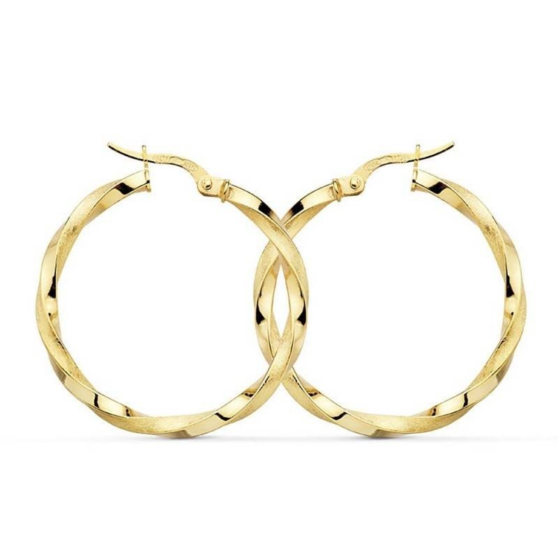Pendientes oro 18k aros 29mm. mate brillo retorcidos