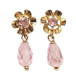 Pendientes de oro 18K con piedra rosa para niña y mujer – Diseño flor delicada