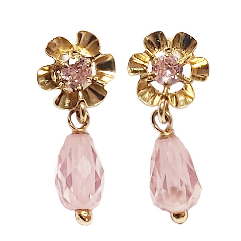 Pendientes de oro 18K con piedra rosa para niña y mujer – Diseño flor delicada