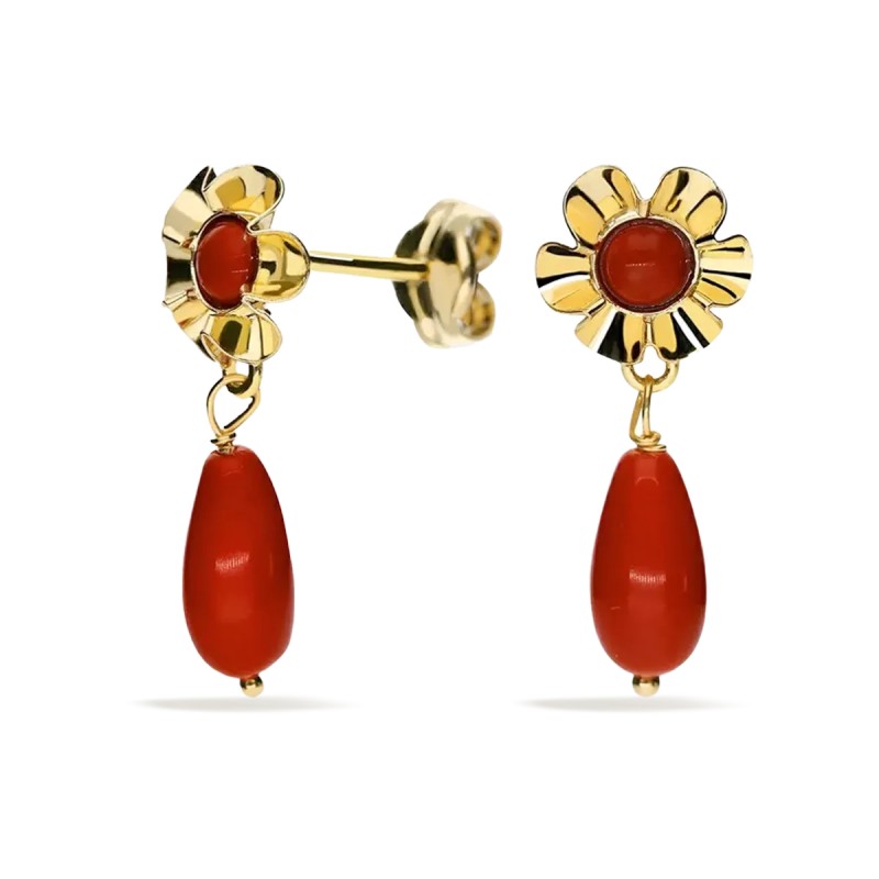 Pendientes niña y mujer de Oro 18K con coral rojo