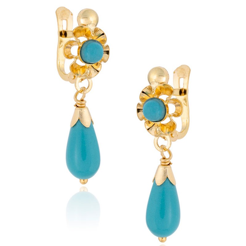 Pendientes mujer de Oro 18k largos con Turquesa
