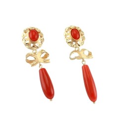 Pendientes mujer de Oro 18K - "Cubana" Lazo con chupón de coral rojo