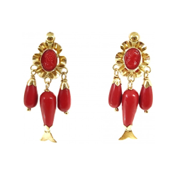 Pendientes mujer de Oro 18K con coral rojo - Arquillo oval con 3 chupones