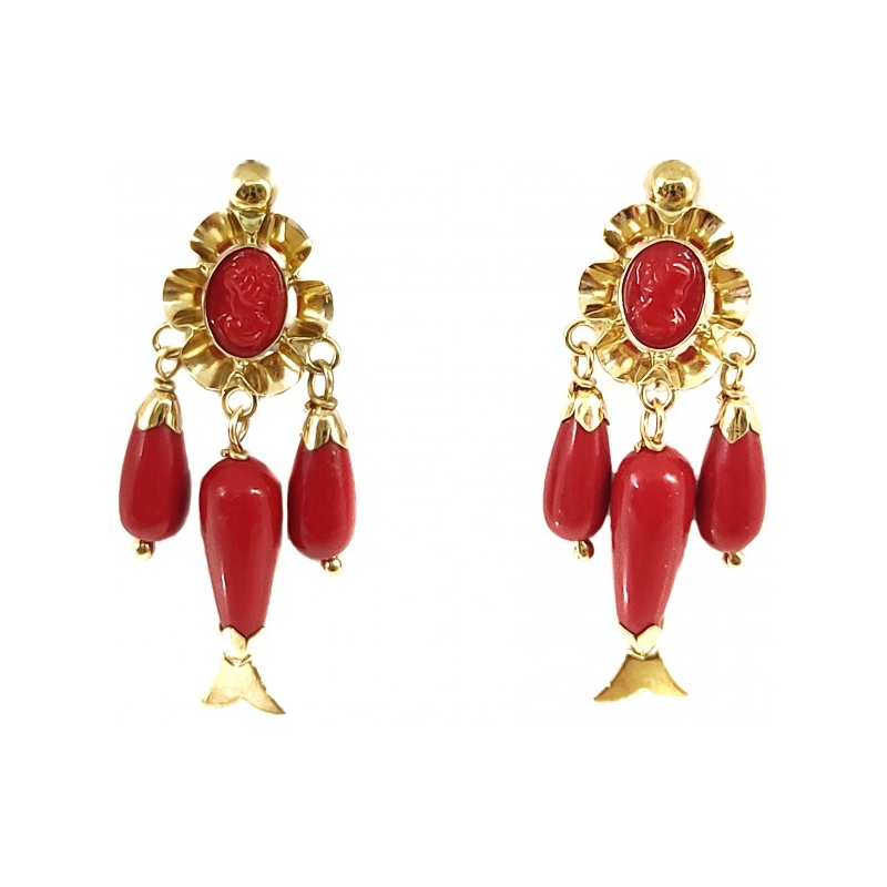 Pendientes mujer de Oro 18K con coral rojo - Arquillo oval con 3 chupones