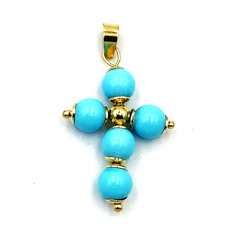 Colgante mujer Cruz de Oro 18K con Bolas Turquesas